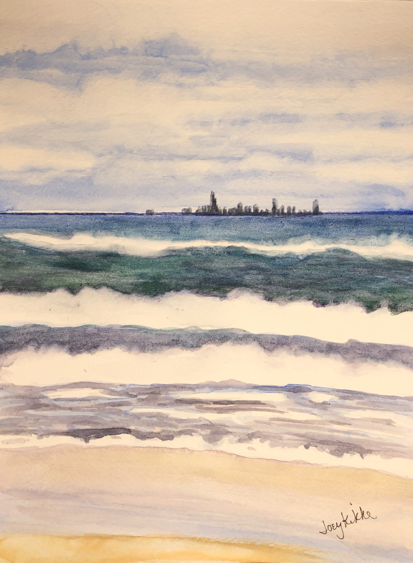 High waves with Chicago's skyline on the horizon.