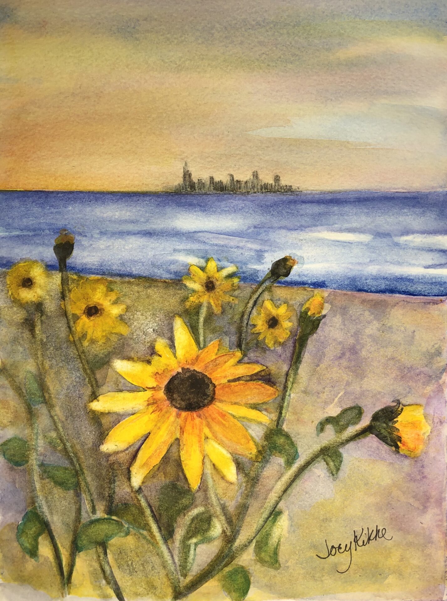 Daisies growing in the sand, sunset and Chicago skyline on the distant shore of lake Michigan.