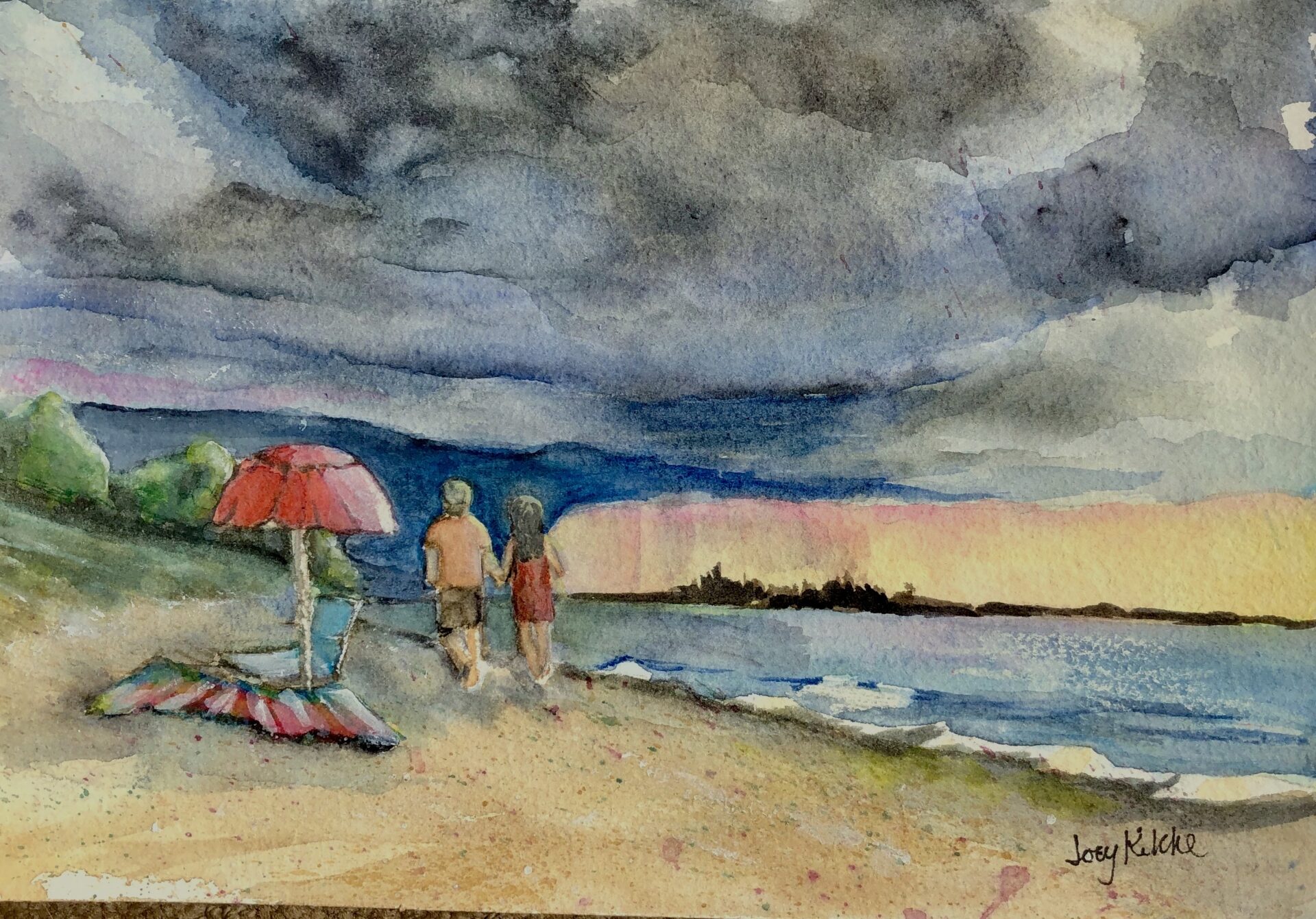 A Bad storm on the horizon, couple walk the beach right before the rain.