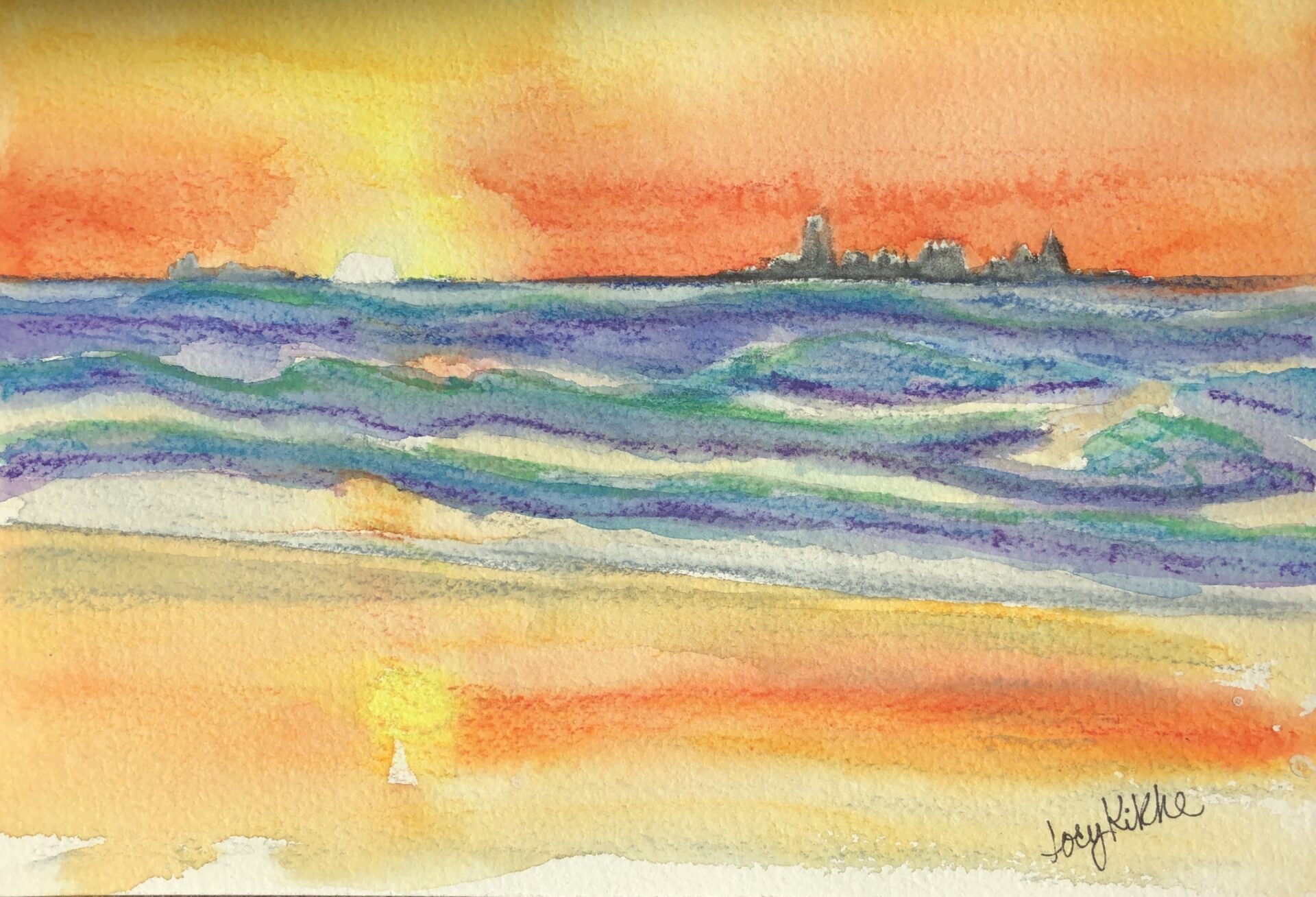 Bright oranges and yellows make up the sunset that contrasts the blue and purple of the waves.