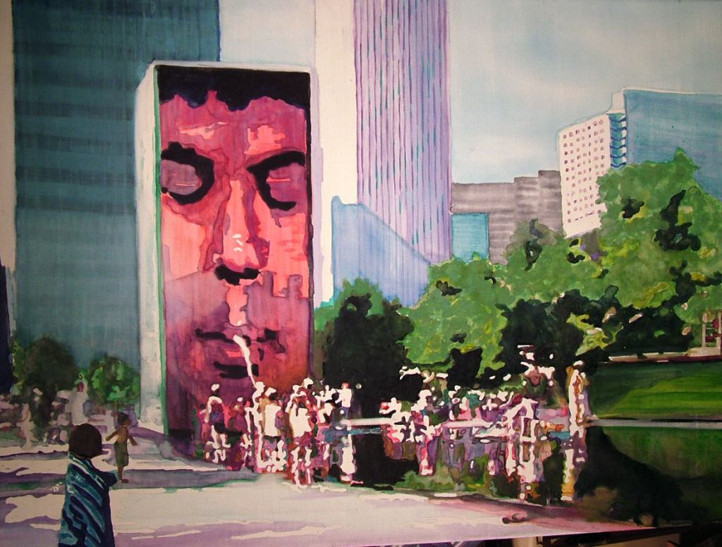 Kids playing in the water of Crown Fountain
