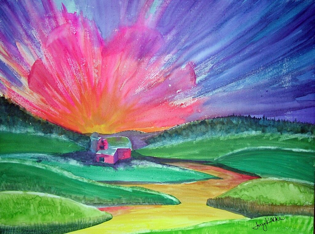 A fun, bright painting of a heart in the sunset over a farm