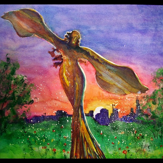 A statue of a tree/woman with arms up in dance