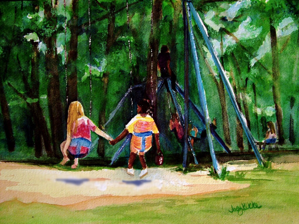 Best Friends swinging in a park