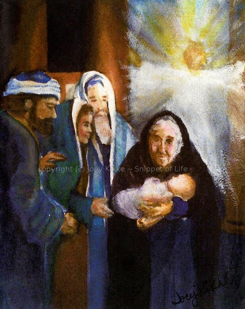 Anna Blesses Jesus in the Temple as Joseph and Mary bring him